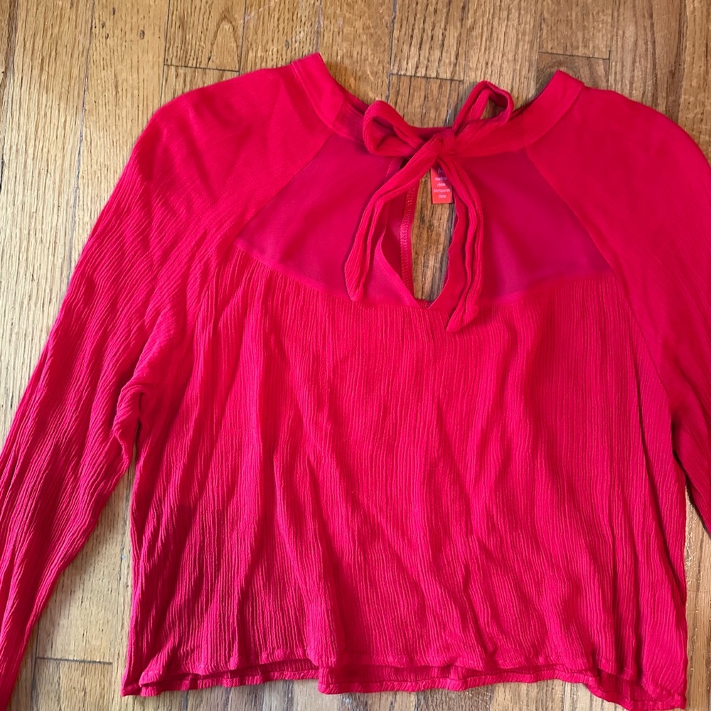 Chelsea & Violet Red Long Sleeve Blouse with Keyhole and Neck Tie